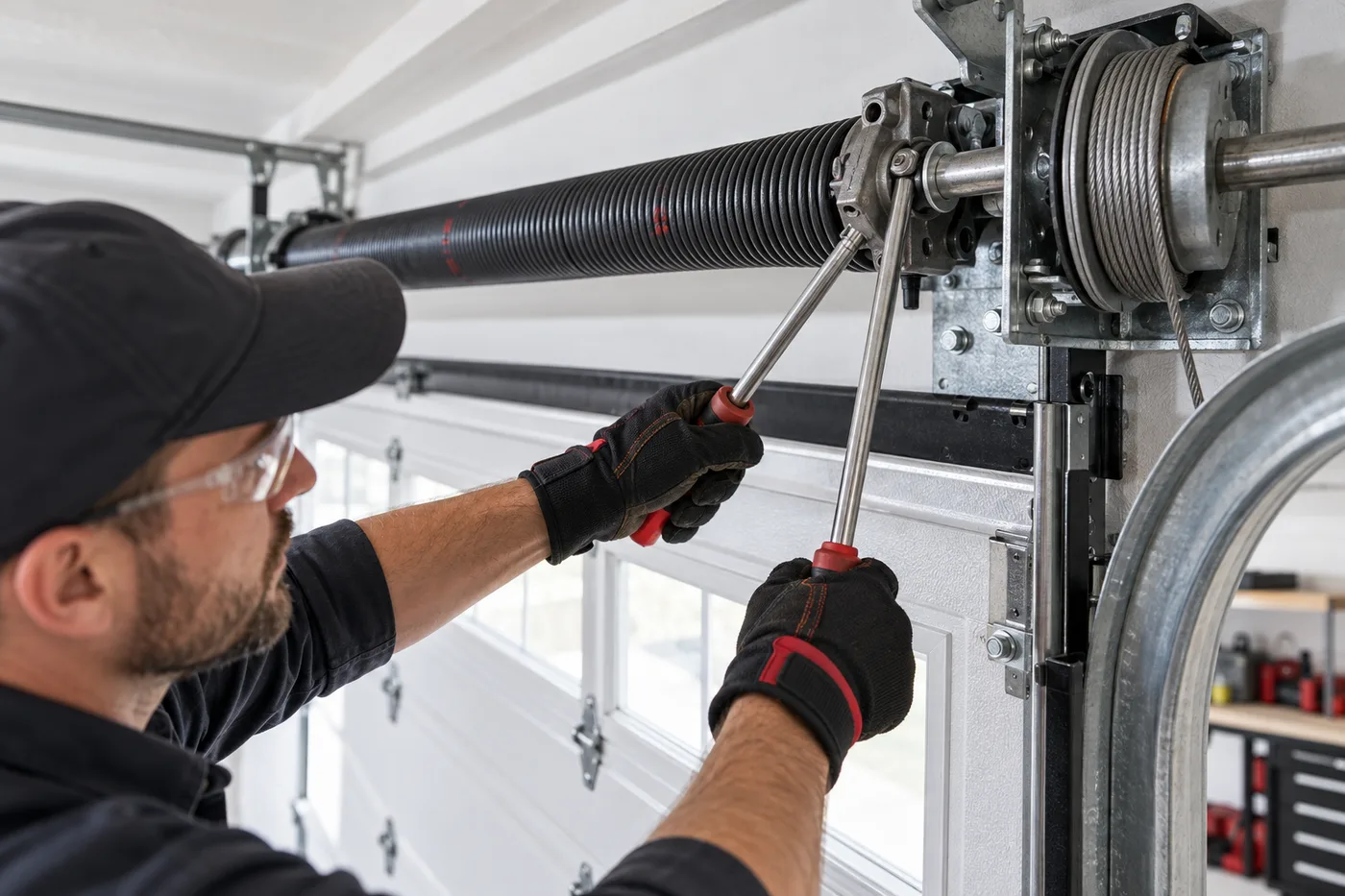 Technician servicing a residential garage door torsion spring system